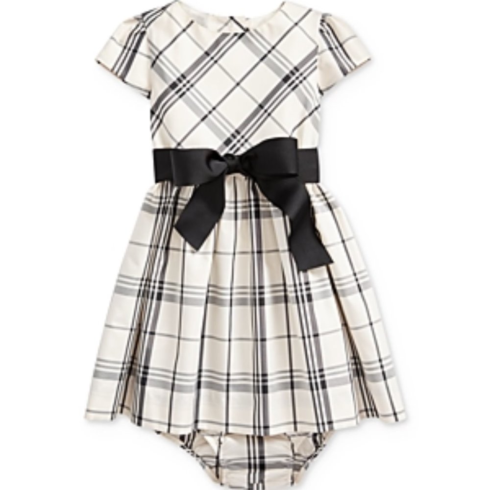 Ralph Lauren Short Sleeve Cream Black Taffeta Plaid Party Dress w/Sash $65